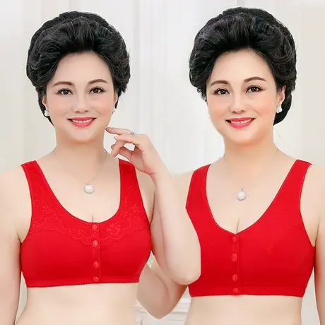 本命年内衣女文胸中老年全棉无钢圈老人大红色大码前扣背心式胸罩商品大图