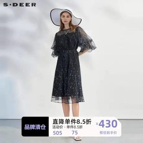sdeer圣迪奥女装圆领收腰印花网纱泡泡袖连衣裙S232Z12F1图片