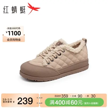 红蜻蜓复古毛茸板鞋2023秋冬新款女鞋厚底保暖面包鞋丑萌加绒板鞋商品大图