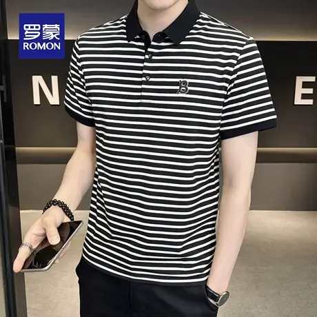 罗蒙男士条纹短袖Polo衫夏季薄款商务休闲男装上衣服帅气冰丝T恤图片