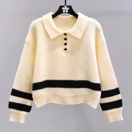 日系polo领条纹毛衣女秋冬2023新款学院风时尚洋气套头针织衫上衣图片