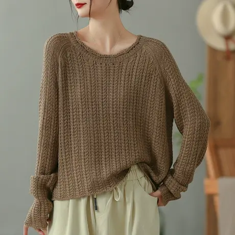 dza 复古粗棉线针织上衣女士秋冬洋气内搭打底衫宽松长袖圆领毛衣商品大图