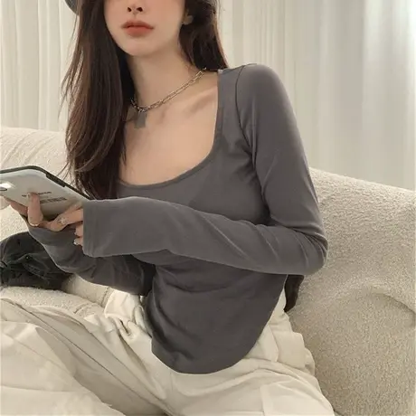 方领上衣女法式短款长袖t恤打底衫2023早春秋冬修身新款紧身内搭商品大图