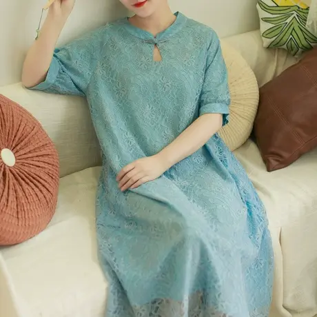 胖妹妹夏季2023新品新中式蕾丝旗袍裙加大码微胖盘扣宽松气质长裙商品大图
