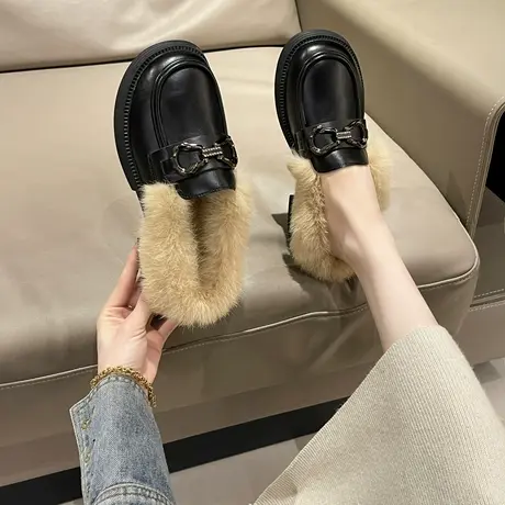 包头半拖乐福小皮鞋毛毛拖鞋女外穿毛拖鞋女2023新款毛绒厚底冬季图片