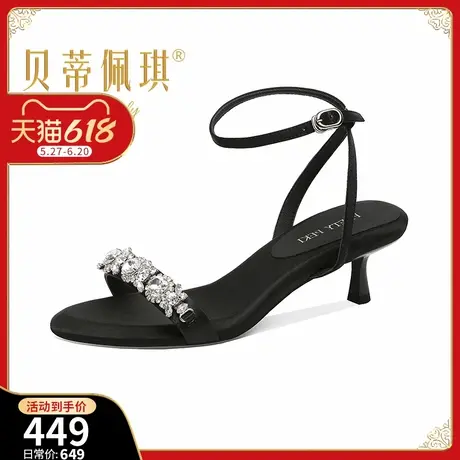 洋气时尚圆头细跟时装凉鞋女2025年夏季新款水钻一字带露趾高跟鞋图片