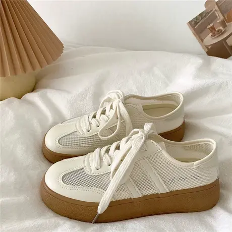 轻薄款奶茶色ins潮透气小白鞋女网面夏季学生休闲板鞋厚底帆布鞋商品大图