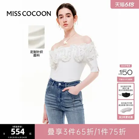 可可尼COCOON【莫奈花园】2024夏季新款蕾丝拼接抽褶短袖针织衫女图片