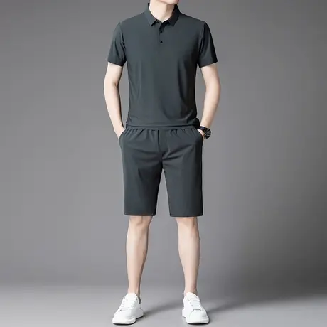 男士短袖冰丝时尚两件套中青年休闲运动套装翻领Polo衫薄款半袖T图片
