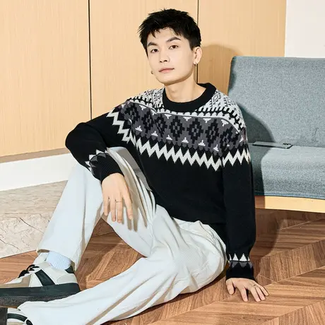 唐狮费尔岛提花毛衣冬季新款男士圆领复古潮流黑色毛衫宽松图片