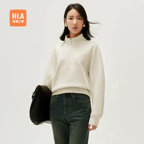 HLA/海澜之家宽松卫衣2025春季新款半拉链立领微弹运动长袖女装商品大图