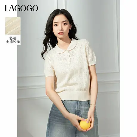 LAGOGO娃娃领镂空短袖针织衫女拉谷谷2025年夏季新款漂亮纯棉上衣商品大图
