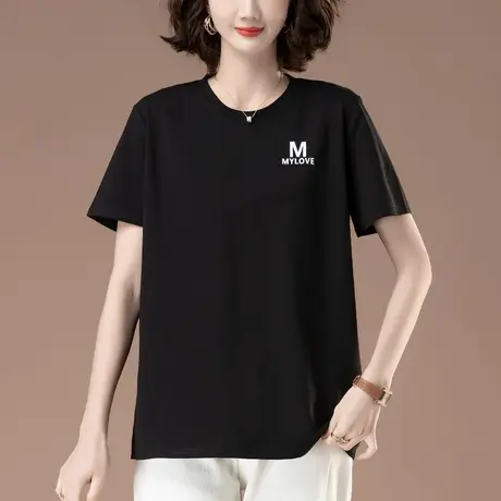 夏季新款短袖t恤女加肥加大码女装宽松中年妈妈休闲纯棉显瘦体恤商品大图