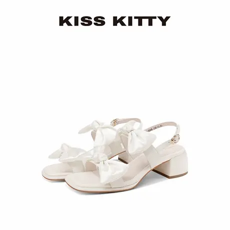 KISSKITTY时装凉鞋女款夏季新款粗中跟后空白色蝴蝶结露趾高跟鞋商品大图