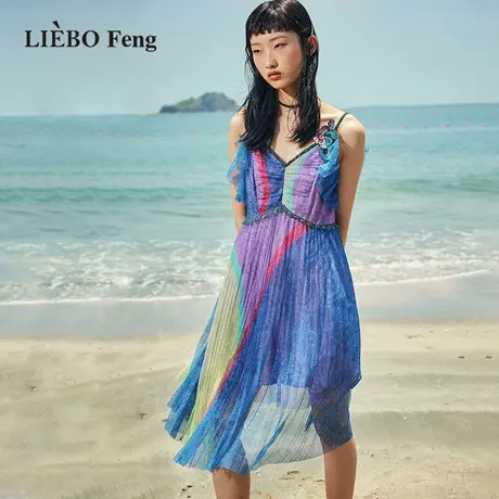 裂帛LIEBOFeng2023年新款朋克风撞色抽褶雪纺蕾丝吊带连衣裙图片