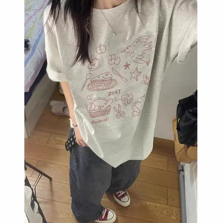 美式复古纯棉夏季蛋糕短袖t恤女2025新款设计感小众宽松慵懒上衣商品大图