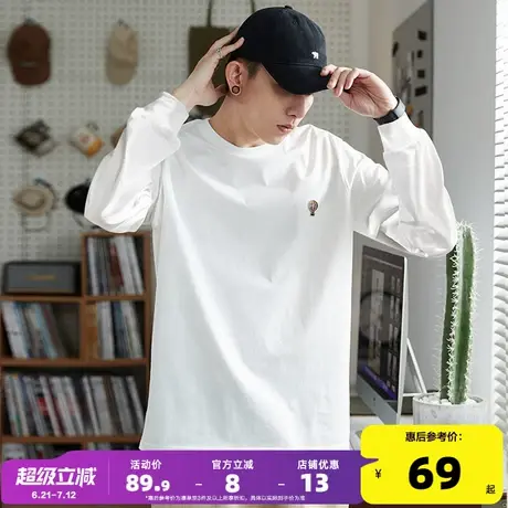 唐狮秋季新款长袖T恤男刺绣标圆领上衣宽松内搭打底衫纯色潮t图片