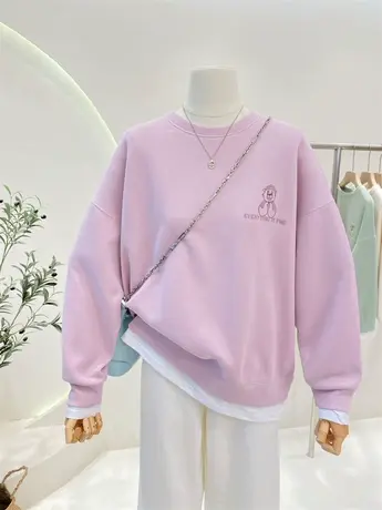 卡通植绒印花宽松拼接假两件卫衣女2023年新款秋装减龄休闲上衣商品大图