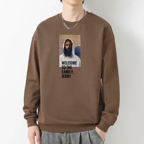 380g重磅纯棉卫衣男士春秋款潮牌印花无帽上衣摇粒绒圆领长袖t恤图片