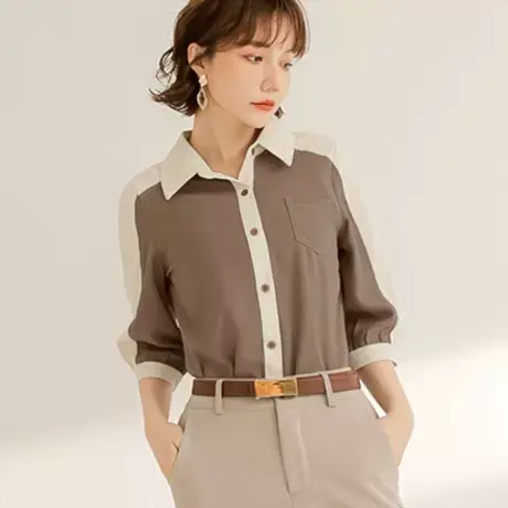 桔熊春秋季休闲气质衬衫翻领不易皱撞色七分袖上衣女大码AB17635商品大图
