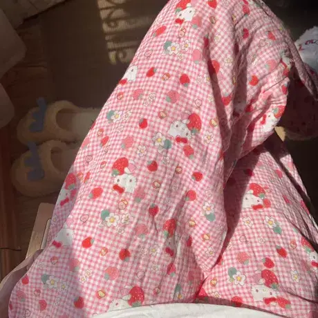秋季！格纹草莓kitty睡裤女薄款纯棉双层纱可爱卡通遛弯家居裤商品大图
