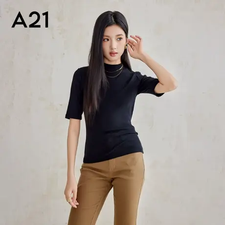 A21女装针织修身百搭半高领中袖T恤弹力内搭半袖纯色上衣打底衫商品大图