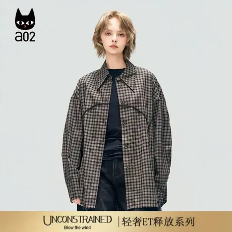 a02【ET释放系列】轻奢宽松长袖格子T恤女2025新款秋季衬衣外套商品大图