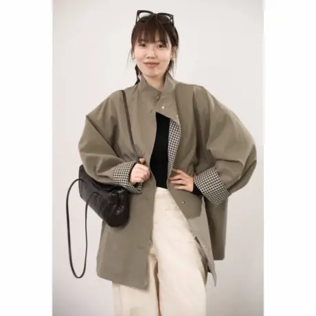 爵莱菲大码胖mm秋季新款复古松弛感双面穿格子风衣外套图片