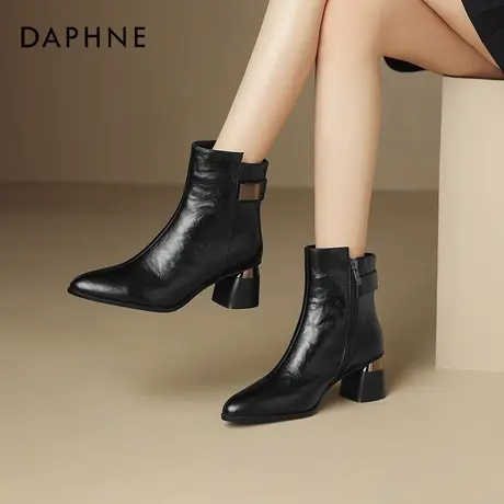 达芙妮尖头短靴女2026新款冬法式加绒妈妈靴粗跟瘦瘦靴通勤马丁靴图片