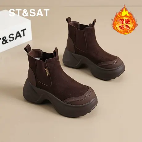 St&Sat/星期六厚底增高短筒靴女冬季复古休闲马丁靴加绒保暖棉鞋商品大图