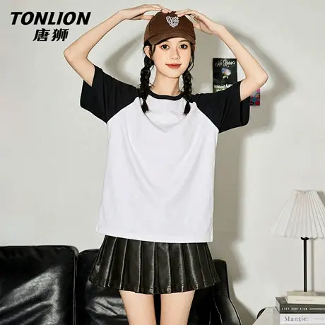 唐狮官方宽松短袖t恤女2026新款夏季女士撞色插肩袖内搭上衣女VB商品大图