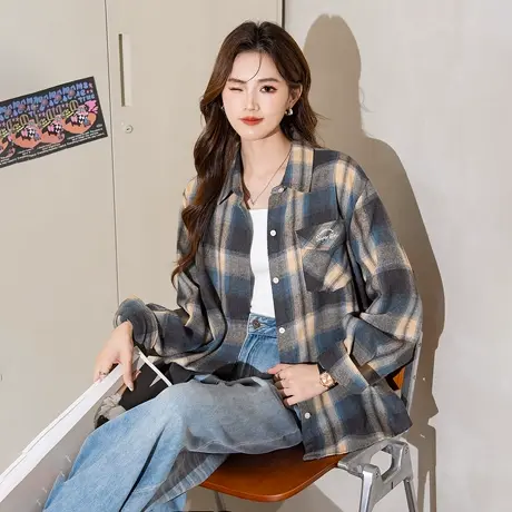 唐狮新款长袖衬衫女格子复古撞色字母印花翻领百搭休闲上衣blTM商品大图