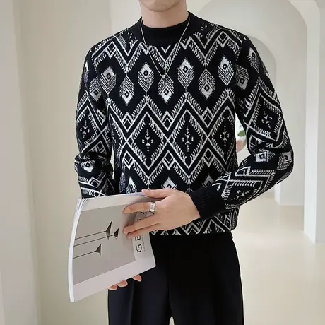 民族风提花毛衣男秋冬内搭长袖针织衫上衣修身花色个性圆领毛线衣商品大图