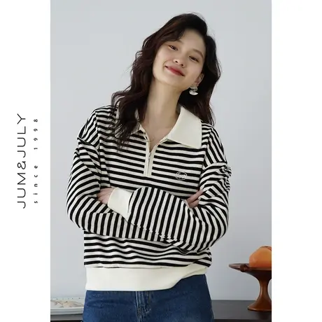 嘉茱莉2023秋季新款撞色条纹卫衣外套女短款宽松套头卫衣翻领上衣商品大图