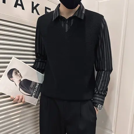 春秋季假两件毛衣个性简约条纹拼接衬衫领潮牌毛线针织衫2023新款商品大图