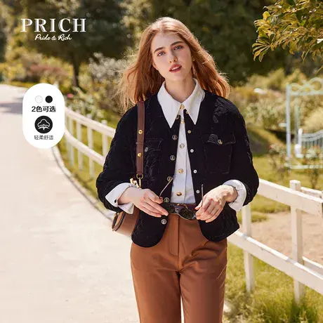 PRICH棉服新品秋冬新款经典圆领落肩宽松小箱型短款英伦外套女图片