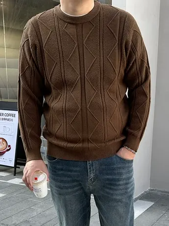 DAEVU冬款复古休闲麻花潮胖子加肥加大码男士长袖圆领毛衣针织衫图片