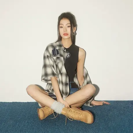 设计感短袖格子衬衫女夏装2023年新款拼接宽松复古小众潮牌上衣商品大图