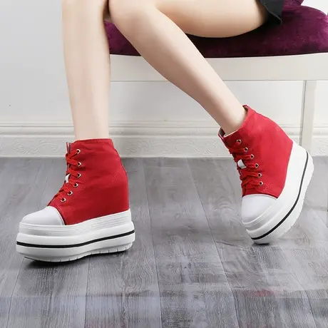 内增高女鞋10cm春夏新款韩版运动坡跟圆头松糕鞋女厚底高帮帆布鞋图片