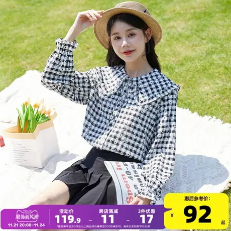 唐狮2023春季新款黑白格长袖衬衫女娃娃领花边设计感衬衣别致法式图片