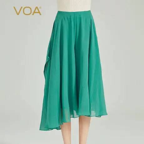 VOA桑蚕丝乔其纱灰绿宽松腰荷叶边不对称设计宽松大摆真丝七分裤商品大图