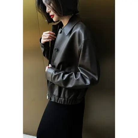 2023秋冬新款女装复古休闲帅气单排扣咖色小羊皮女士皮衣短外套商品大图