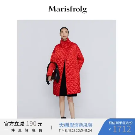 玛丝菲尔2022秋季新款红色菱形格收腰中长款羽绒服女图片