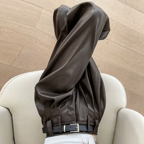 哑光咖色PU皮裤女冬季新款高腰显瘦直筒宽松垂感阔腿拖地西装长裤商品大图