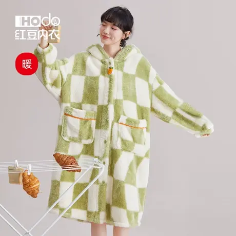 红豆女士睡衣泡泡绒秋冬加厚保暖连帽浴袍居家中长款睡袍女家居服商品大图
