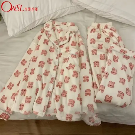 奶fufu小兔子珊瑚绒睡衣女冬季加厚可爱日系法兰绒家居服商品大图