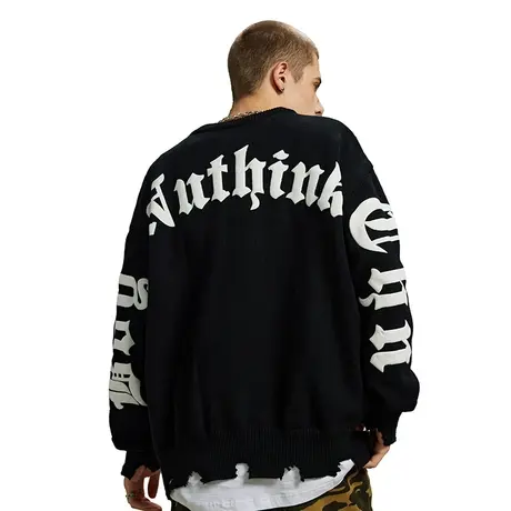 美式高街复古加厚保暖黑色毛衣男潮秋冬款宽松圆领打底针织衫线衣商品大图