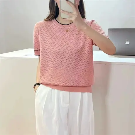 2023夏季新款女士针织衫上衣罩衫套头宽松短袖冰丝镂空薄款防晒衫商品大图