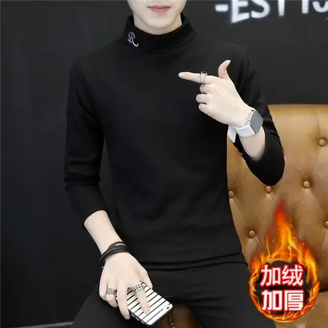 2023秋冬季新款韩版高领长袖T恤男上衣服修身加绒打底衫潮流男装商品大图