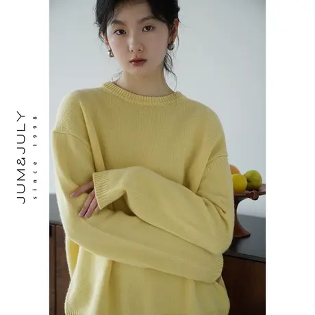 嘉茱莉2023秋季新款1OO羊毛圆领针织衫女短款宽松套头针织上衣商品大图
